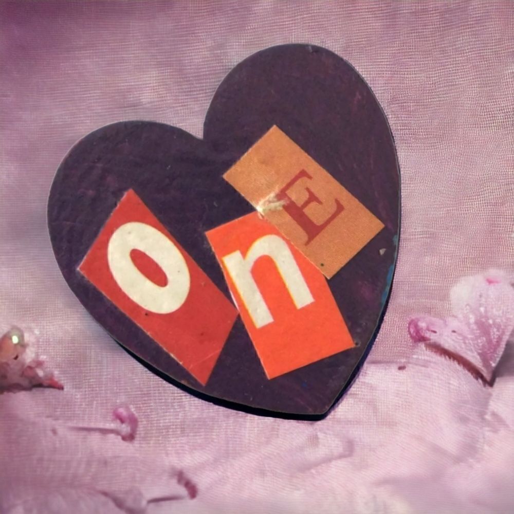 One Love Heart Wooden Pin Handmade Brooch Painted Valentine Mod Podged Eclectic